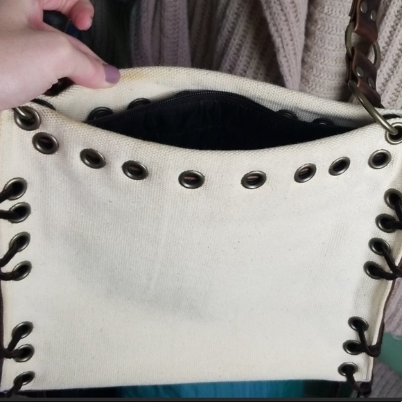 Unsure look for boho Leather canvas braided Crossbody Purse copper rings fringe - Picture 7 of 9